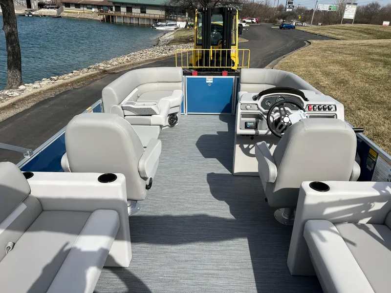 Slide: The Image of 2025 Godfrey Xperience Split Bench pontoon boat with spacious seating and modern design. - 15