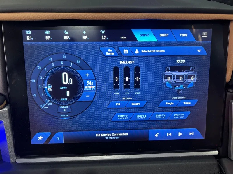 Slide: The Image of 2025 MasterCraft XT23 touchscreen display showing drive, surf, and tow settings. - 10