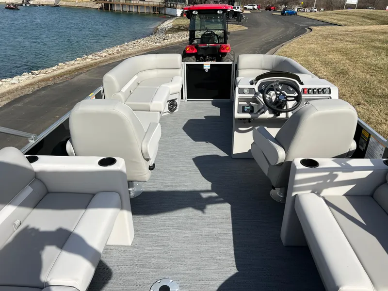 Slide: The Image of 2025 Godfrey Xperience Split Bench pontoon boat with spacious seating and modern design. - 15