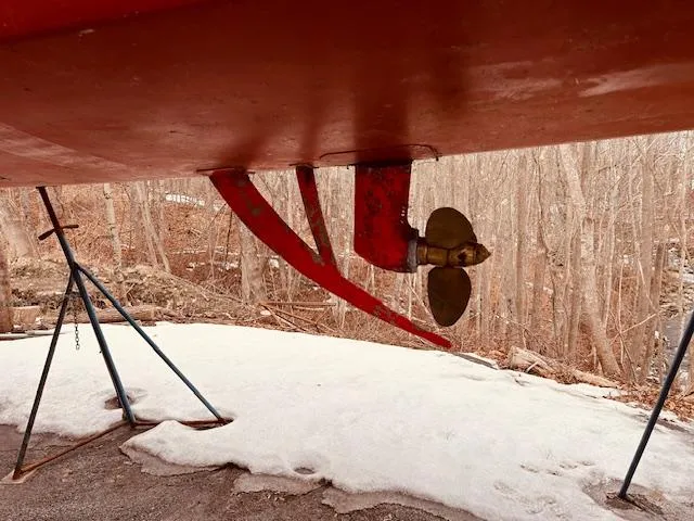 Slide: The Image of Underwater view of 2006 Robert Perry Far Harbour 39 sailboat propeller and rudder. - 2