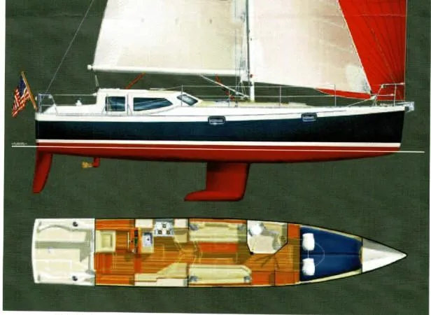 Slide: The Image of Sailboat design of Robert Perry's 2006 Far Harbour 39, featuring red sails and detailed interior layout. - 38