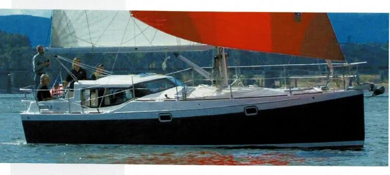 Slide: The Image of Sailing yacht Robert Perry Far Harbour 39, 2006, with red sail on calm water. - 39