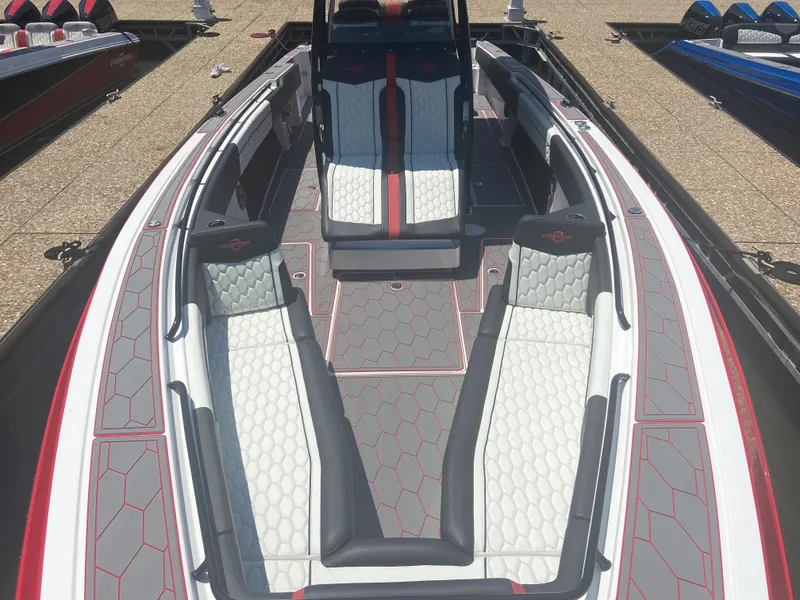 Slide: The Image of 2022 Fountain 38 SC boat interior with stylish seating and modern design. - 12