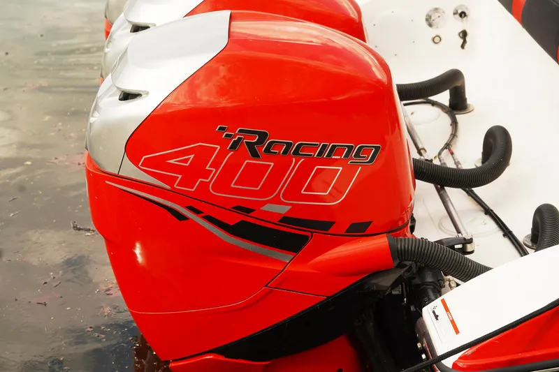 Slide: The Image of Red Racing 400 outboard motor on 2022 Fountain 38 SC boat. - 3