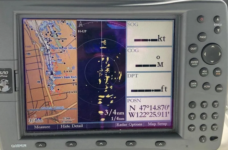 Slide: The Image of Garmin GPS display on 1996 Bayliner 3788 Command Bridge Motoryacht showing navigation data. - 45