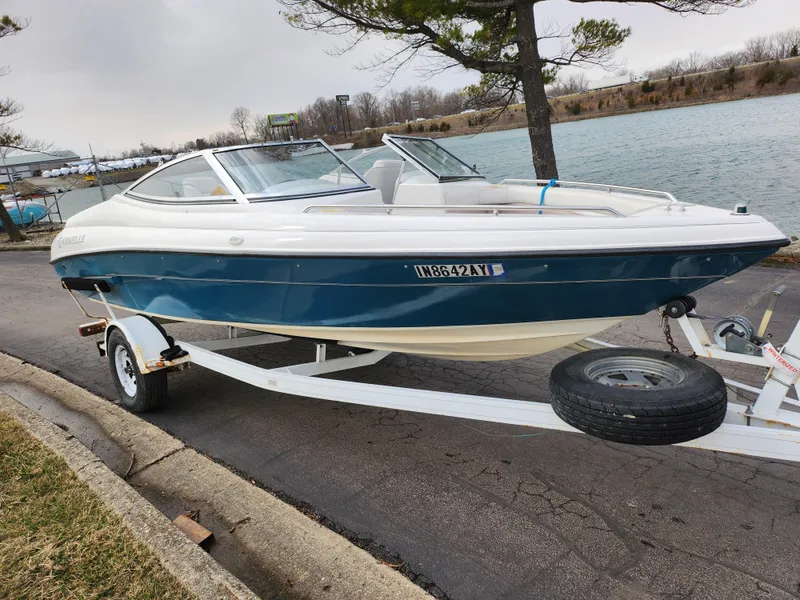 Slide: The Image of Caravelle 1900 SE boat on trailer by lakeside, 1994 model. - 9