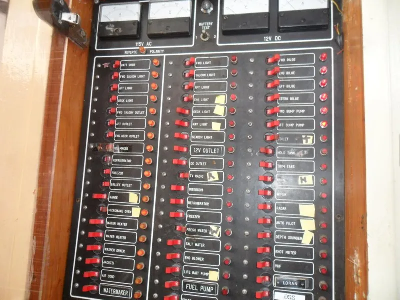 Slide: The Image of Electrical control panel on a 1986 Symbol Yachtfisher, featuring labeled switches and meters. - 17