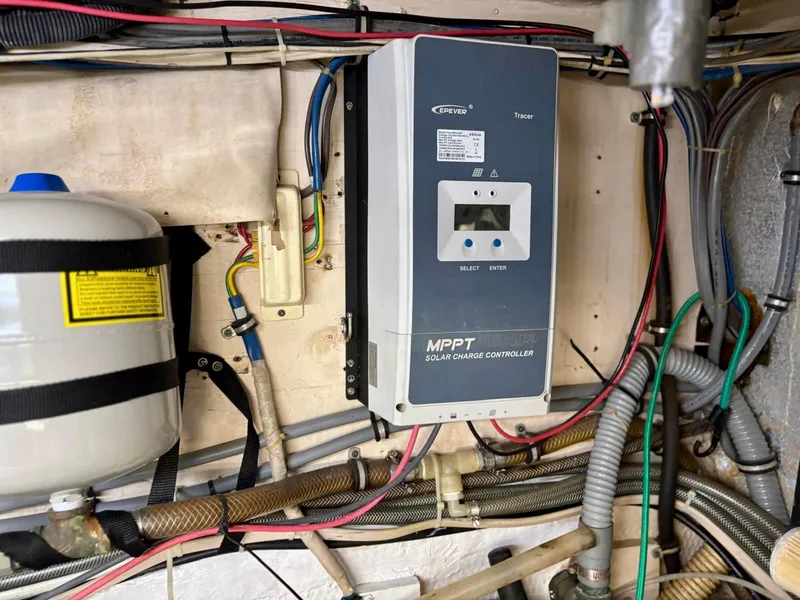 Slide: The Image of MPPT solar charge controller in 1991 Hatteras 52 Cockpit Motor Yacht engine room. - 27
