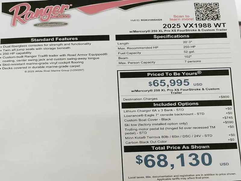 Slide: The Image of 2025 Ranger VX1988 WT boat specifications and pricing details sheet. - 2