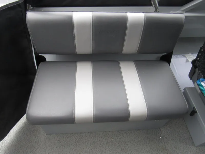Slide: The Image of 2019 Hewescraft 200 Sportsman boat seat, gray and white upholstery. - 15