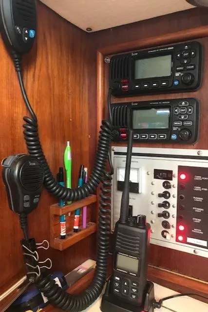 Slide: The Image of Nonsuch 33 yacht communication equipment, including radios and control panel, 1988 model. - 28