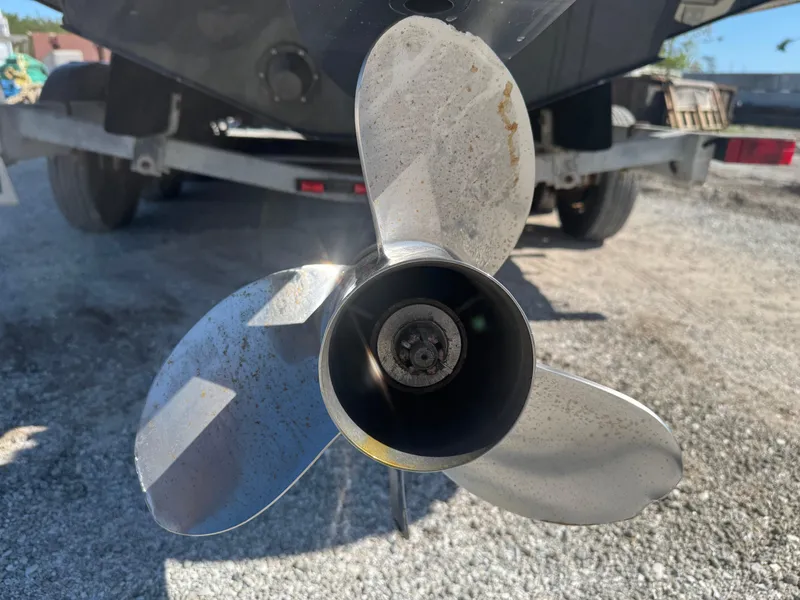 Slide: The Image of Propeller of 2020 Sea Legs Hydrasol Amphibious RIB 30 on trailer, close-up view. - 14