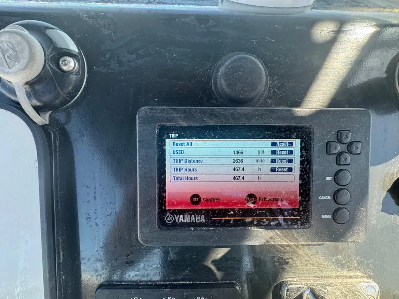 Slide: The Image of Yamaha display on 2020 Sea Legs Hydrasol Amphibious RIB 30 showing trip data and fuel usage. - 27