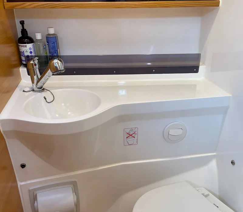 Slide: The Image of Compact bathroom in 2021 Dragonfly 32 Evolution yacht with sink and toiletries. - 21