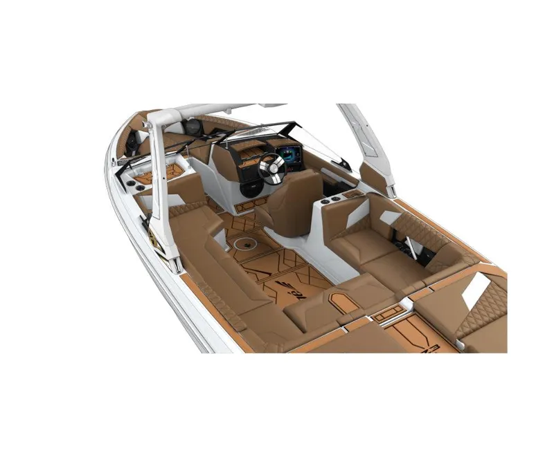 Slide: The Image of 2025 Tigé Z5 boat interior with brown seating and modern dashboard. - 22
