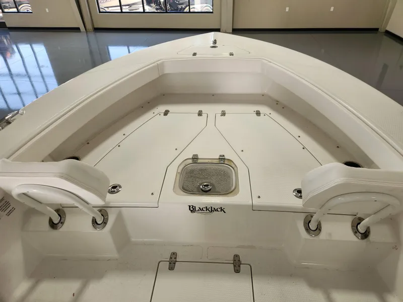 Slide: The Image of 2025 BlackJack 256 Coastal boat interior, featuring spacious seating and storage compartments. - 13