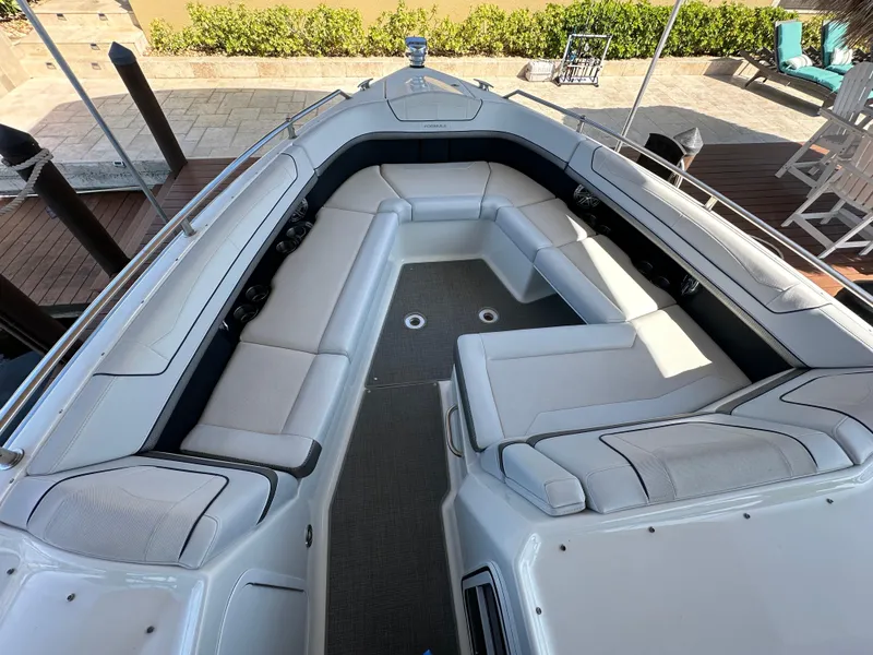 Slide: The Image of 2020 Formula 350 Crossover Bowrider OB with spacious seating and sleek design. - 14