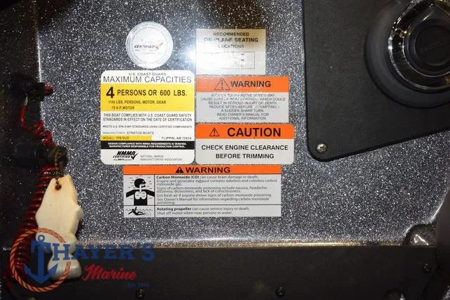 Slide: The Image of Safety and capacity labels on a 2016 Stratos 176 VLO™ boat. - 21