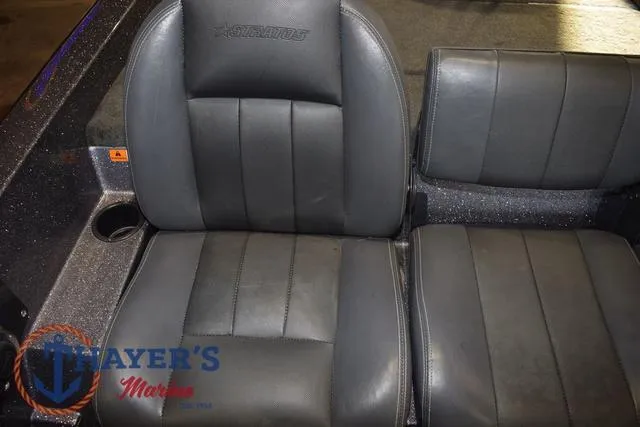 Slide: The Image of 2016 Stratos 176 VLO™ boat seats, black leather, Thayer's Marine logo visible. - 22
