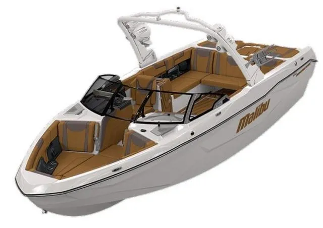 Slide: The Image of 2025 Malibu 25 LSV boat with sleek design and luxurious interior seating. - 2