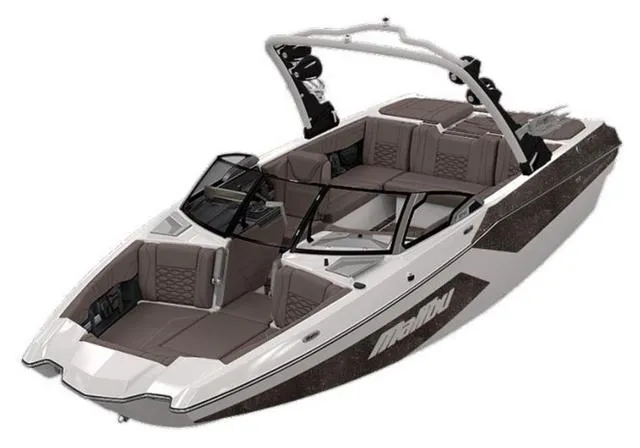 Slide: The Image of 2025 Malibu 22 MXZ boat, sleek design, spacious seating, modern features, ideal for water sports. - 2