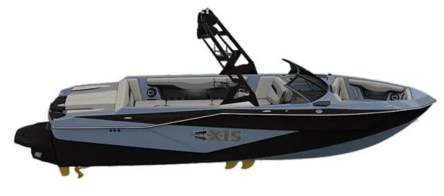 Slide: The Image of 2025 Axis Wake Research T235 boat, sleek design, black and gray color scheme. - 1