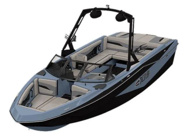 Slide: The Image of 2025 Axis Wake Research T235 boat, sleek design, spacious seating, black and blue color scheme. - 2