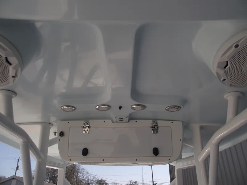 Slide: The Image of 2017 Sea Hunt Ultra 211 boat interior ceiling with speakers and storage compartment. - 18