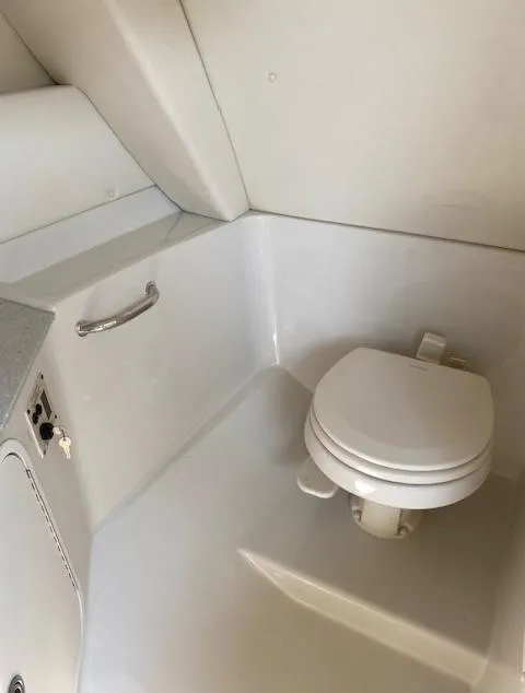 Slide: The Image of 2008 Sea Ray 290 Sundeck boat bathroom interior with white toilet and sleek design. - 41