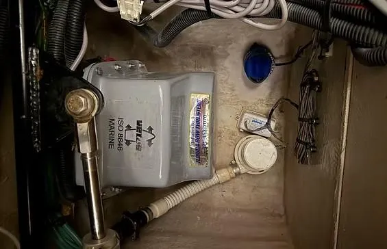 Slide: The Image of Engine compartment of 2003 Sea Ray 390 Motor Yacht with marine equipment and wiring. - 8