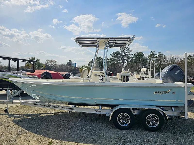 The Image of 2025 Bulls Bay 2200 XS boat on trailer under clear sky. - 1