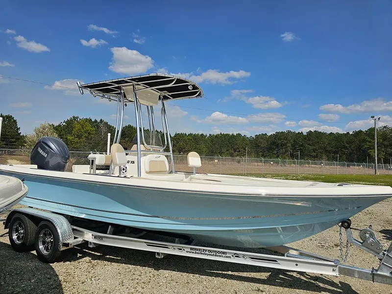 Slide: The Image of 2025 Bulls Bay 2200 XS boat on trailer, parked outdoors under blue sky. - 6