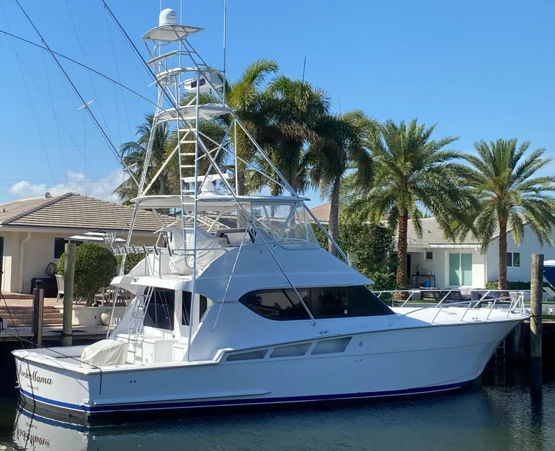 Slide: The Image of 2001 Hatteras 55 Convertible yacht docked near palm trees, under clear blue sky. - 103