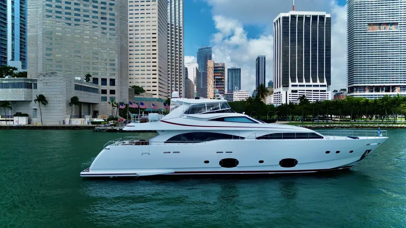 Slide: The Image of Luxurious 2016 Custom Line 97 yacht cruising in urban waterfront setting. - 3