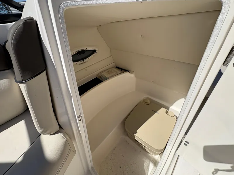 Slide: The Image of 2019 Bayliner 210 Deck Boat interior with compact toilet and storage space. - 14