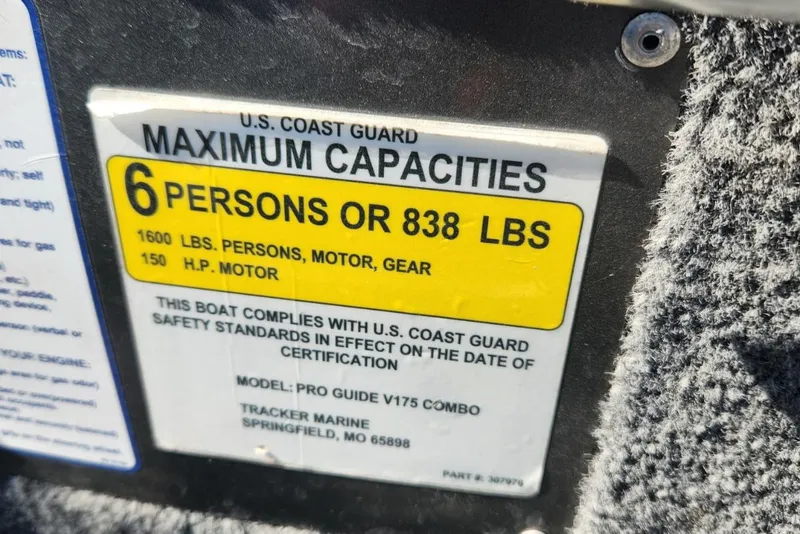 Slide: The Image of 2019 Tracker Pro V 175 Guide capacity label: 6 persons or 838 lbs, 150 HP motor. - 19