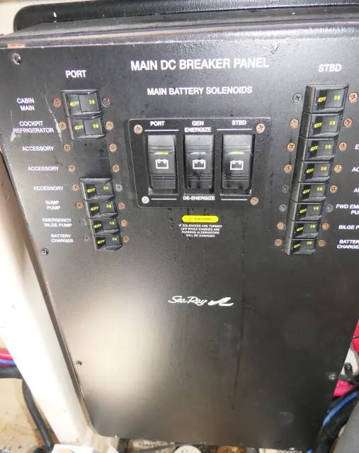 Slide: The Image of Main DC breaker panel of 2005 Sea Ray 340 Sundancer boat. - 42