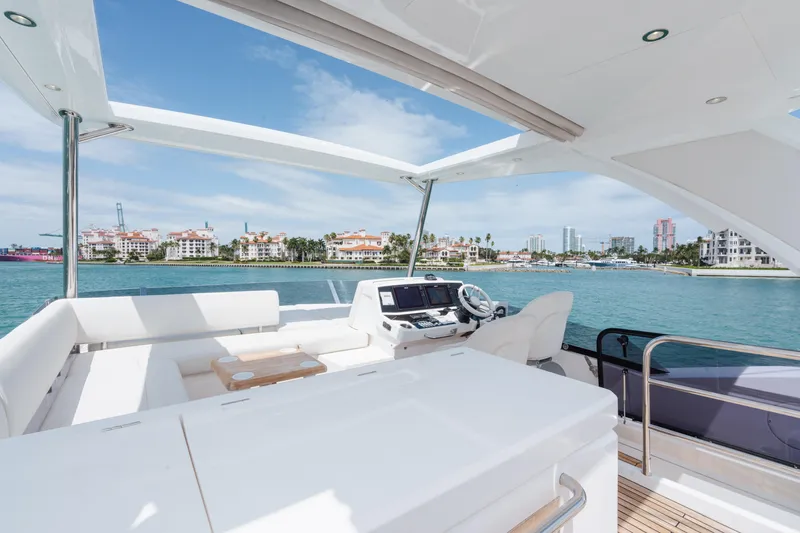 Slide: The Image of Luxurious 2020 Sunseeker 52 Manhattan yacht with spacious deck and scenic waterfront view. - 29