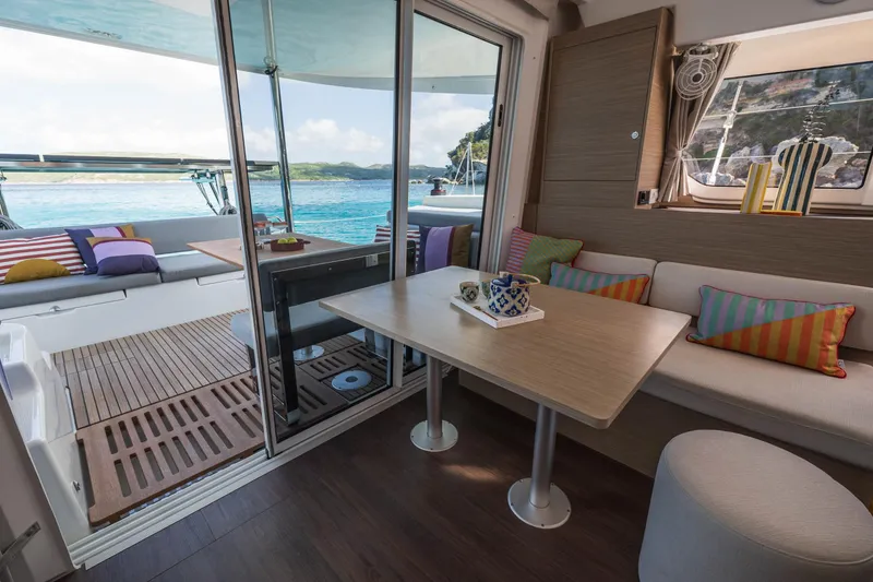 Slide: The Image of Interior of 2025 Lagoon 38 catamaran with colorful cushions and ocean view. - 46