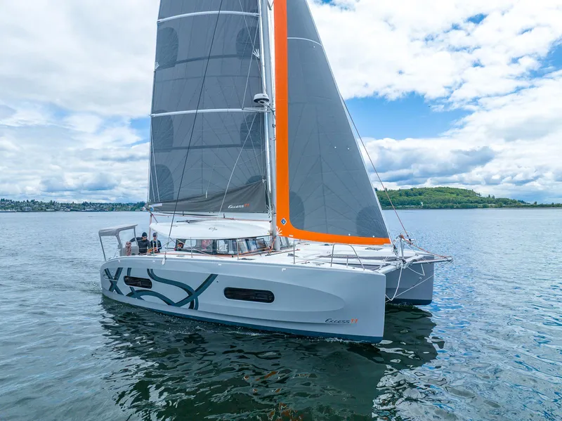 Slide: The Image of 2025 Excess 11 catamaran sailing on a calm lake under a partly cloudy sky. - 3