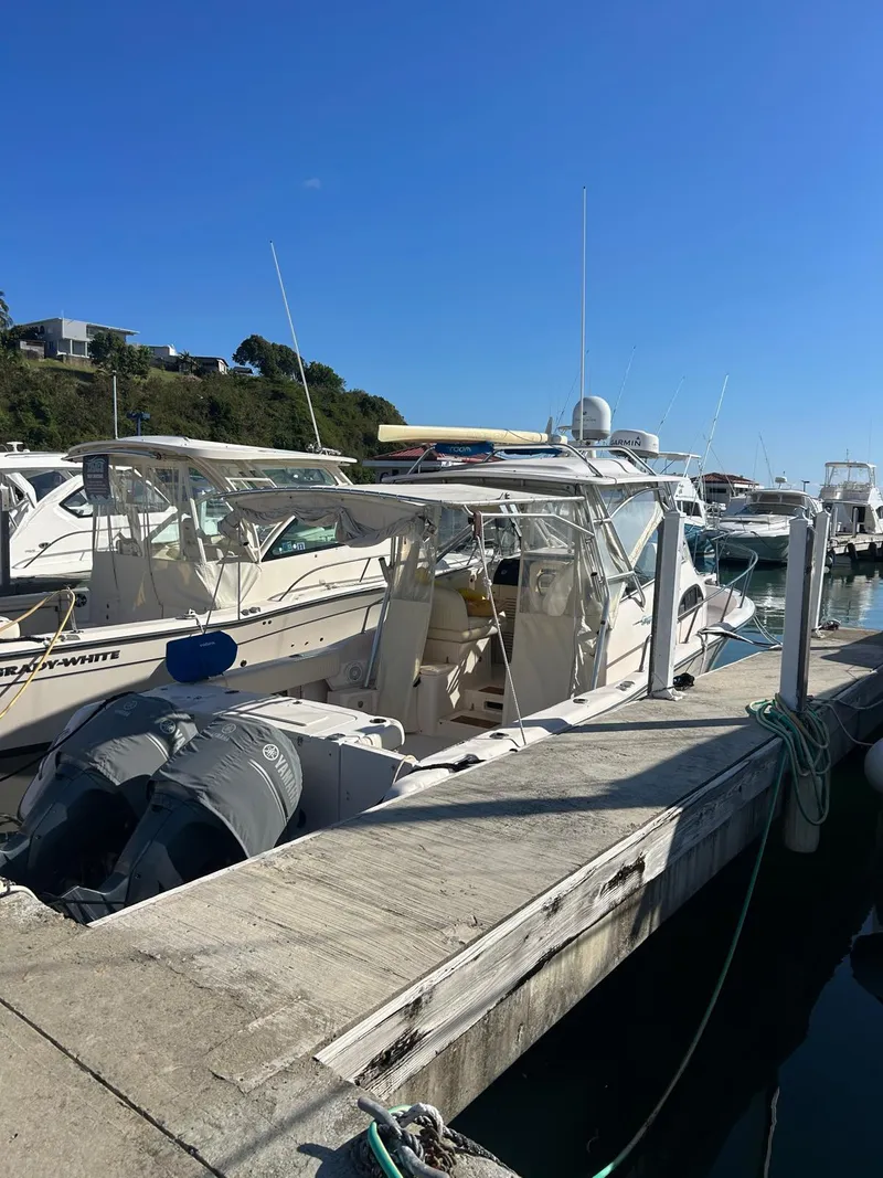 The Image of 2005 Grady-White Marlin 300 docked at marina under clear blue sky. - 1