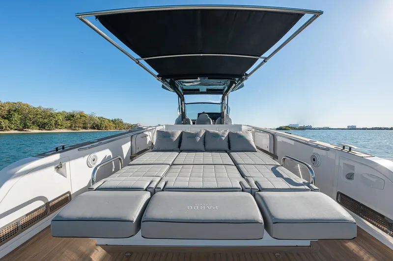 Slide: The Image of 2023 Pardo Yachts P38 luxury deck with sunbed and canopy on open water. - 34