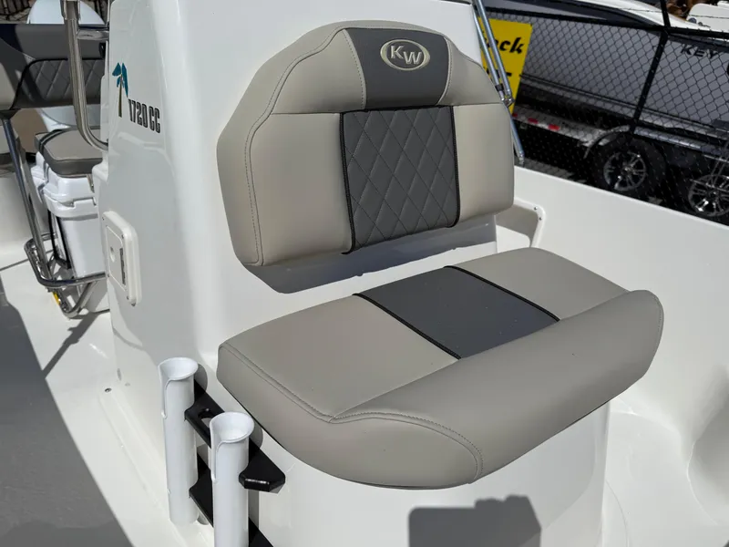 Slide: The Image of 2025 Key West 1720 Center Console boat seat with gray and black cushioned design. - 28