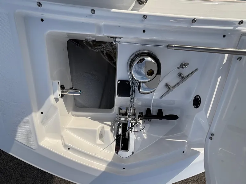 Slide: The Image of Anchor compartment of 2025 Blackfin 272 DC boat, showcasing anchor and winch system. - 12