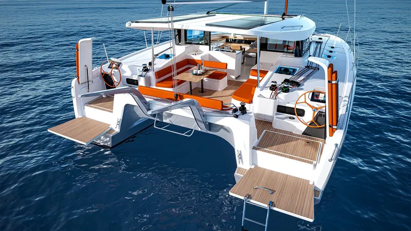Slide: The Image of 2025 Excess 13 catamaran with modern design, spacious deck, and dual steering wheels on open water. - 3