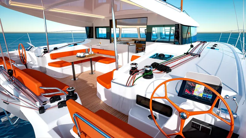 Slide: The Image of Luxurious 2025 Excess 13 catamaran with vibrant orange seating and modern navigation equipment. - 4