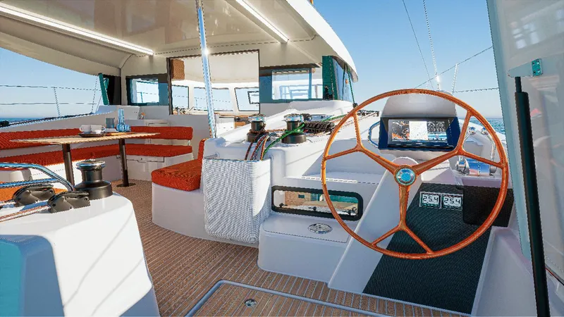 Slide: The Image of 2025 Excess 13 yacht interior with modern helm, seating, and navigation equipment. - 5
