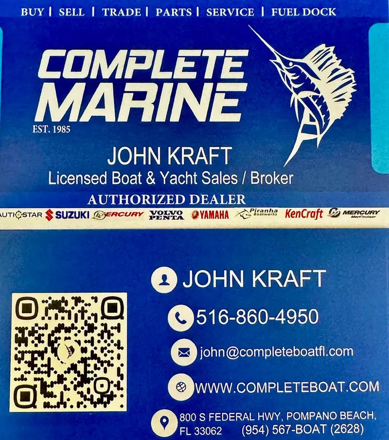 Slide: The Image of Complete Marine business card with contact details for John Kraft, licensed boat and yacht broker. - 57