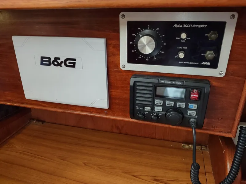 Slide: The Image of Control panel of a 1979 Islander Freeport 41 sailboat with B&G and Alpha 3000 Autopilot. - 34