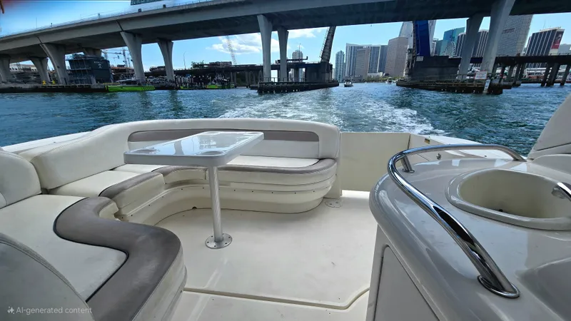 Slide: The Image of 2003 Sea Ray 340 Sundancer cruising under a bridge with city skyline in the background. - 16